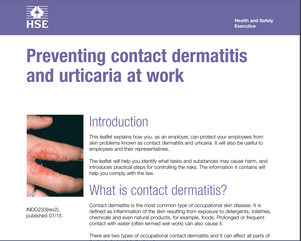 HSE guidance on dermatitis at work indg233