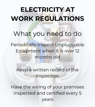 equipment inspections to comply with the Electricity at work regulations. What you need to do. Periodically inspect unpluggable equipment when it is over 12 months old. keep a written record of the inspection.  have the wiring of your premises inspected and certified every 5 years.